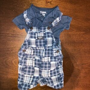 Boys blue plaid overalls with matching onesie